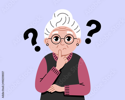 Confused Elderly Woman with Question Marks. Senior Thoughtful Cartoon