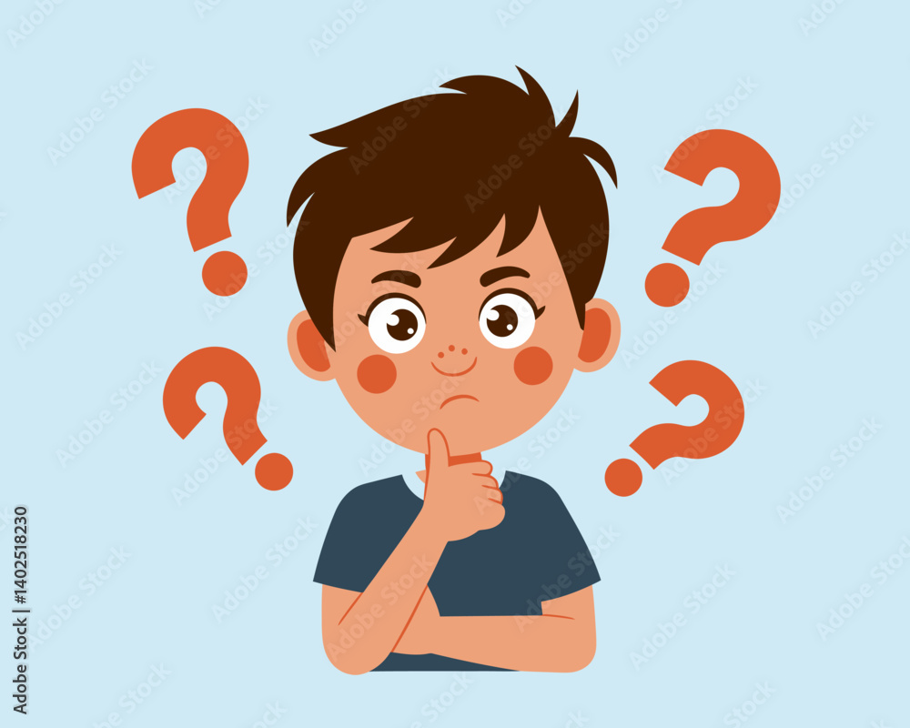 Cartoon boy pondering with question marks around him. Doubting kid illustration. Cartoon boy pondering with question marks around him. Doubting kid illustration.