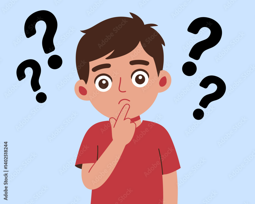 Boy with Question Marks. Cartoon illustration of boy in thoughtful pose Boy with Question Marks. Cartoon illustration of boy in thoughtful pose