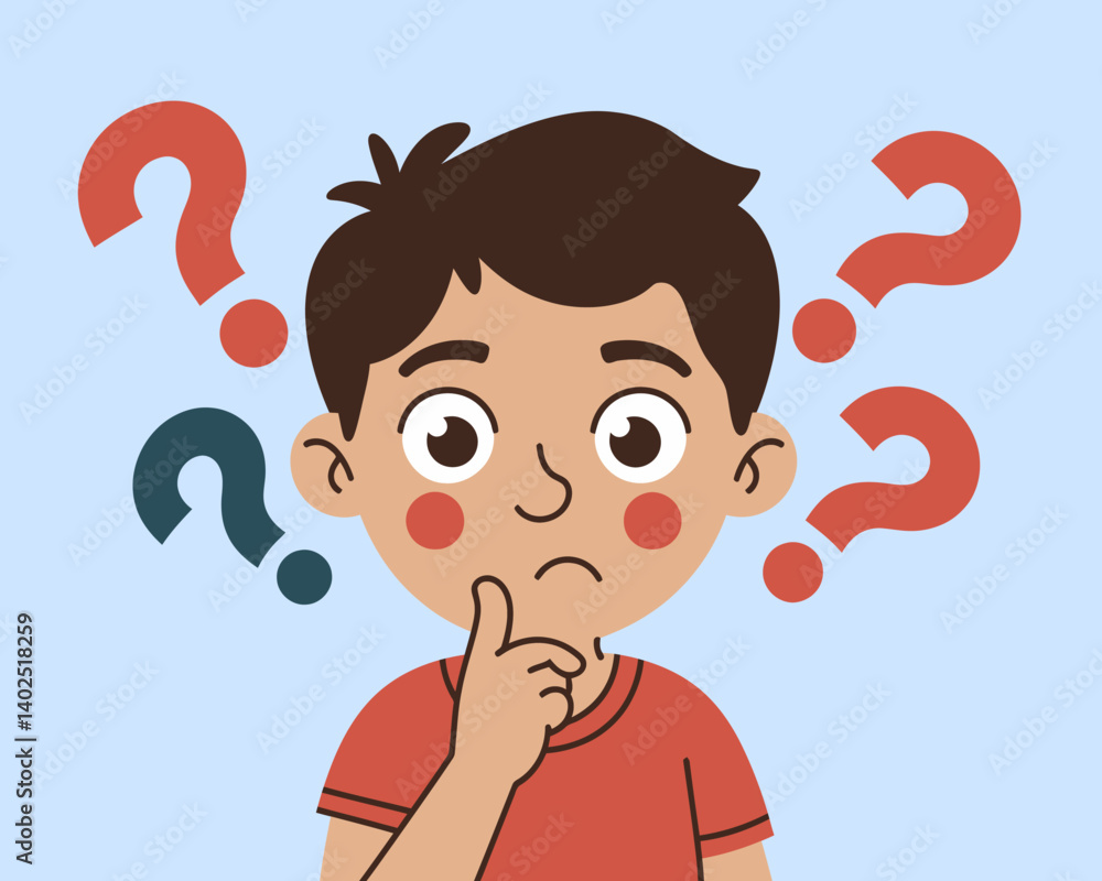 Puzzled boy illustration surrounded by question marks expressing uncertainty Puzzled boy illustration surrounded by question marks expressing uncertainty