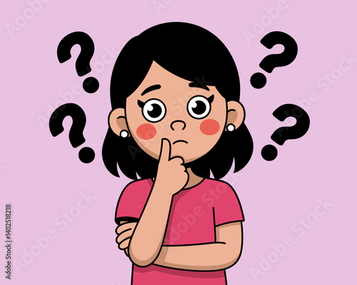 Pensive Cartoon Girl Surrounded by Question Marks, Deep in Thought