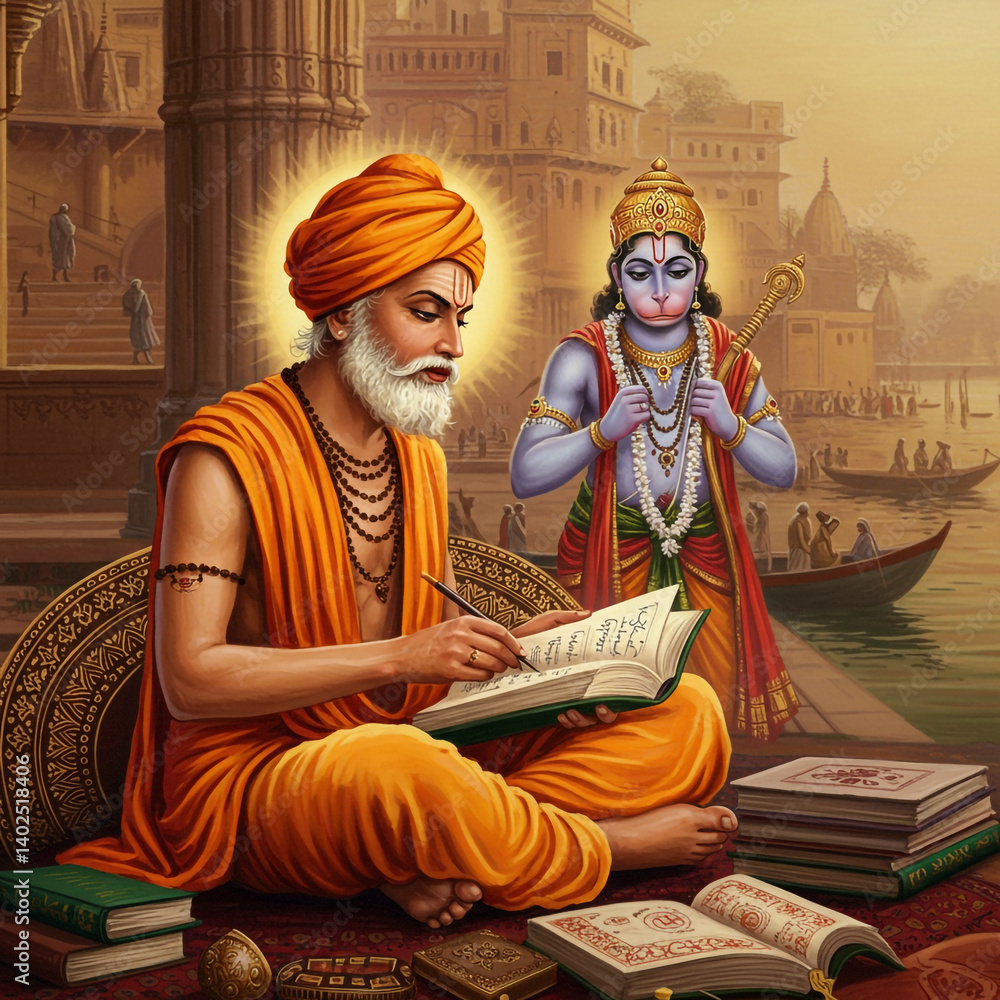 Obraz premium Guru Teaching a Disciple with Sacred Texts by the Ganges River 