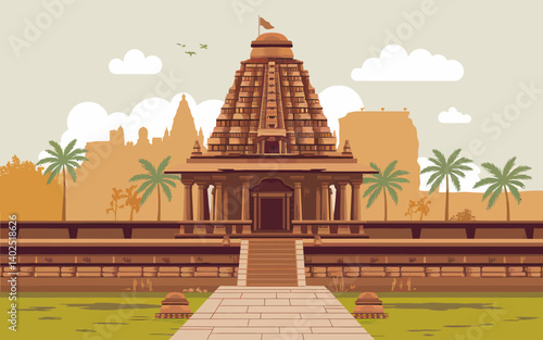 Ancient Hindu Temple Landscape with Palm Trees and Birds, Indian Architecture