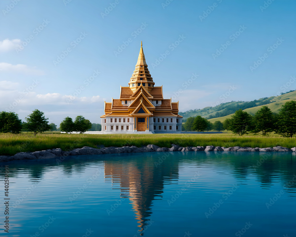 Golden temple reflected in tranquil lake, serene landscape Golden temple reflected in tranquil lake, serene landscape