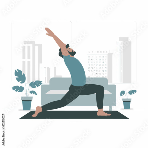 Man practices yoga in living room: Warrior pose asana at home, indoor fitness.