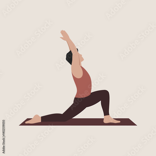 Warrior Pose Variation Illustration: Yoga Asana on Mat for Fitness