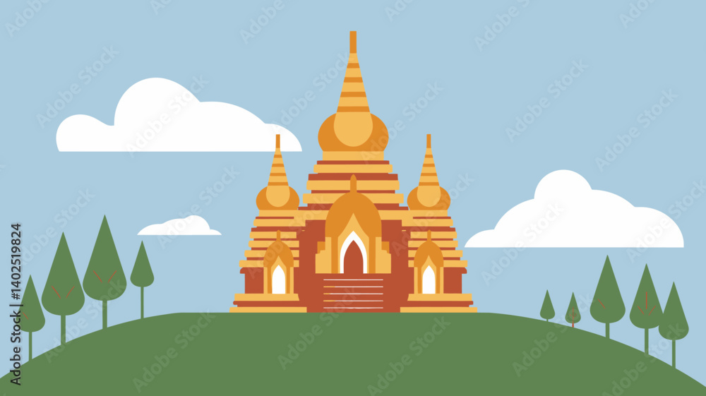 Naklejka premium Golden Buddhist Temple on Hill with Clouds in Blue Sky Illustration