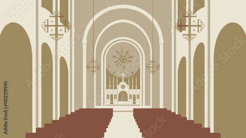 Illustration of the interior of a church with archways and hanging light fixtures