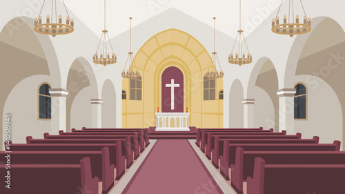 Illustrative Church Interior with Cross, Pews, and Chandeliers