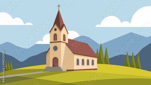 Cartoon Church on Hillside: Peaceful Landscape Illustration with Blue Sky