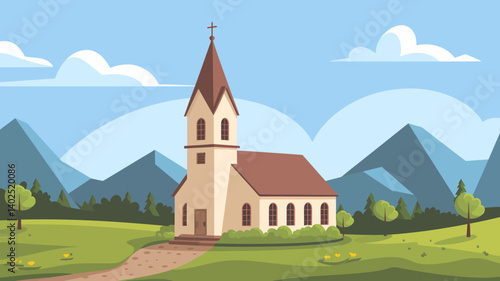 Countryside Church with Mountain View, Vector Illustration, Religious Building