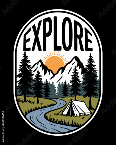 Explore Adventure: Mountain, Tent, River, and Sunrise Illustration
