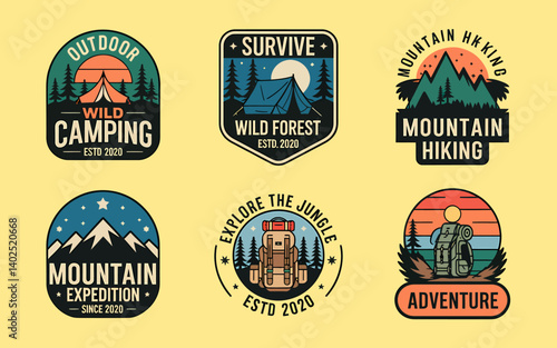 Camping and hiking badges, outdoor adventure, vector vintage logo design. Mountain travel emblem set
