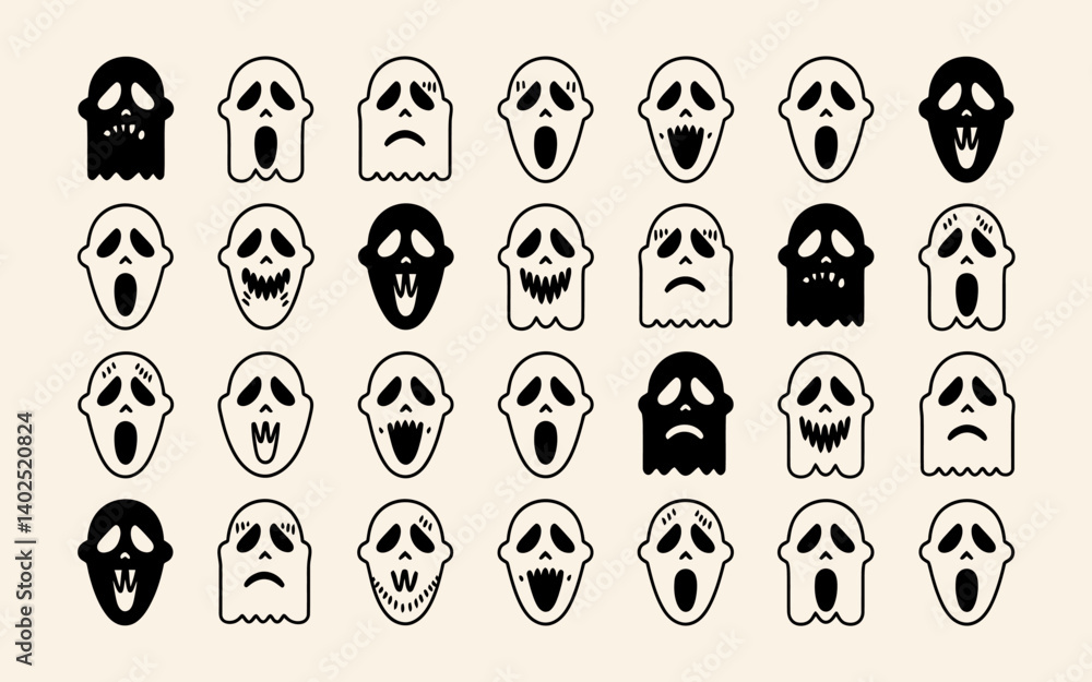 Spooky Halloween Ghost Icon Set: Vector Silhouettes for Festive Designs Spooky Halloween Ghost Icon Set: Vector Silhouettes for Festive Designs