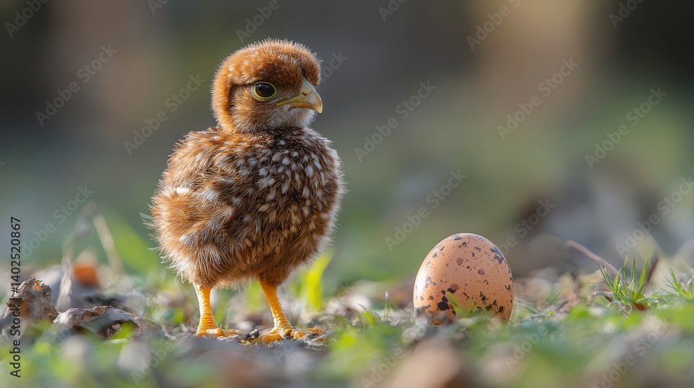 A fluffy chick stands near a speckled egg on the forest floor. A fluffy chick stands near a speckled egg on the forest floor.