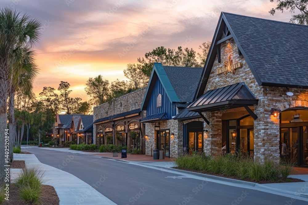 Naklejka premium A photograph of the exterior of an idyllic small-town shopping center in Florida, with a row of stores and shops on one side, surrounded by trees and street lights at dusk. 