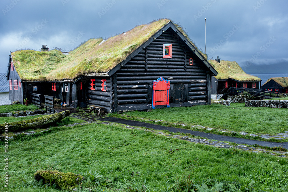 Fototapeta premium Old turf roof houses in Kirkjubøur, Faroe Islands