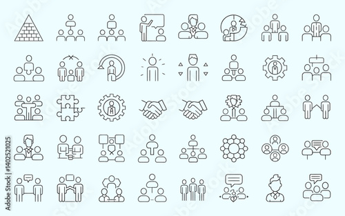 Business Teamwork Outline Icons Set: Collaboration, Management, and Leadership Symbols