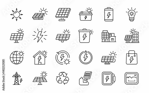 Renewable Energy Outline Icons Set: Solar Panels, Battery, Recycle, Energy Saving Symbols