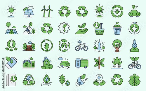 Set of Eco-Friendly Icons: Sustainable Living, Green Energy, and Recycling Elements