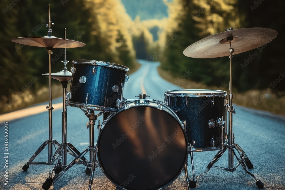 Obraz premium Drums set up on an empty road surrounded by pine trees in the mountains during sunset