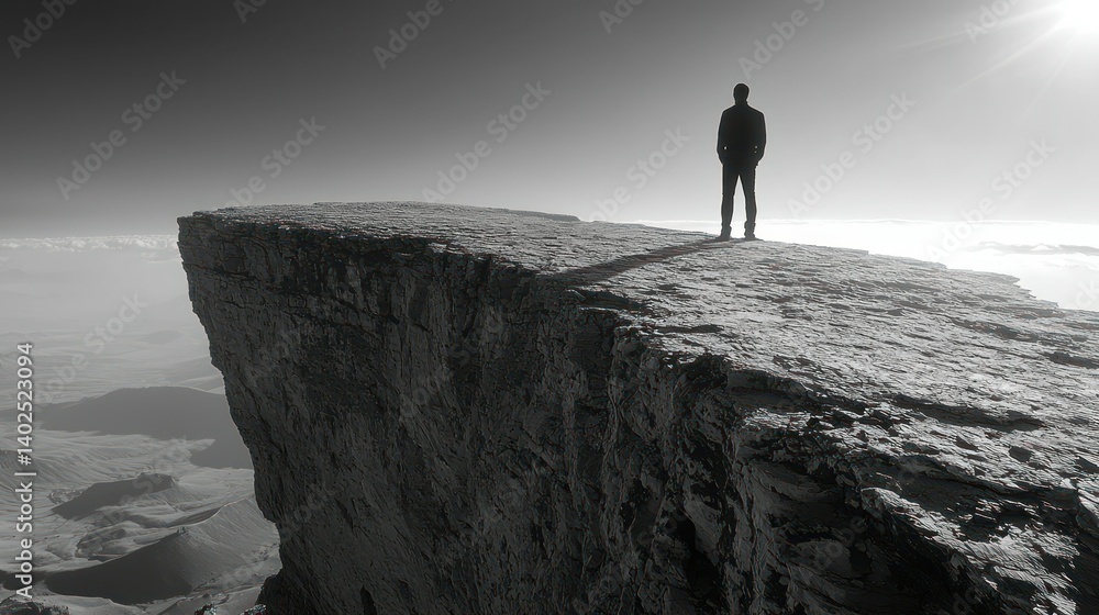 Fototapeta premium Solitude on a Mountaintop Cliff: A Black and White Panorama