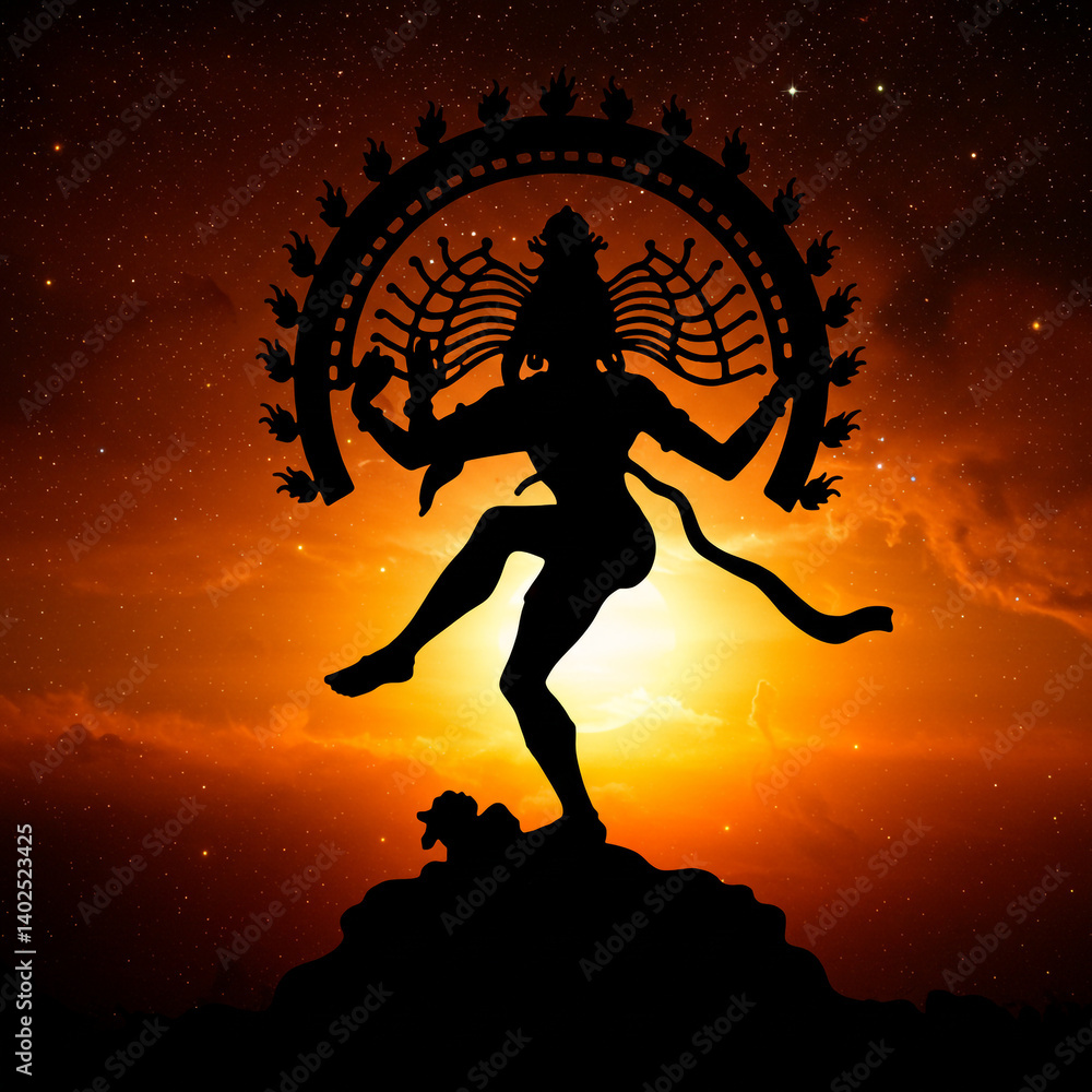 Dark Silhouette of Nataraja, the Dancing Shiva, Against a Fiery Sky