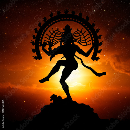 Obraz na płótnie Dark Silhouette of Nataraja, the Dancing Shiva, Against a Fiery Sky w salonie