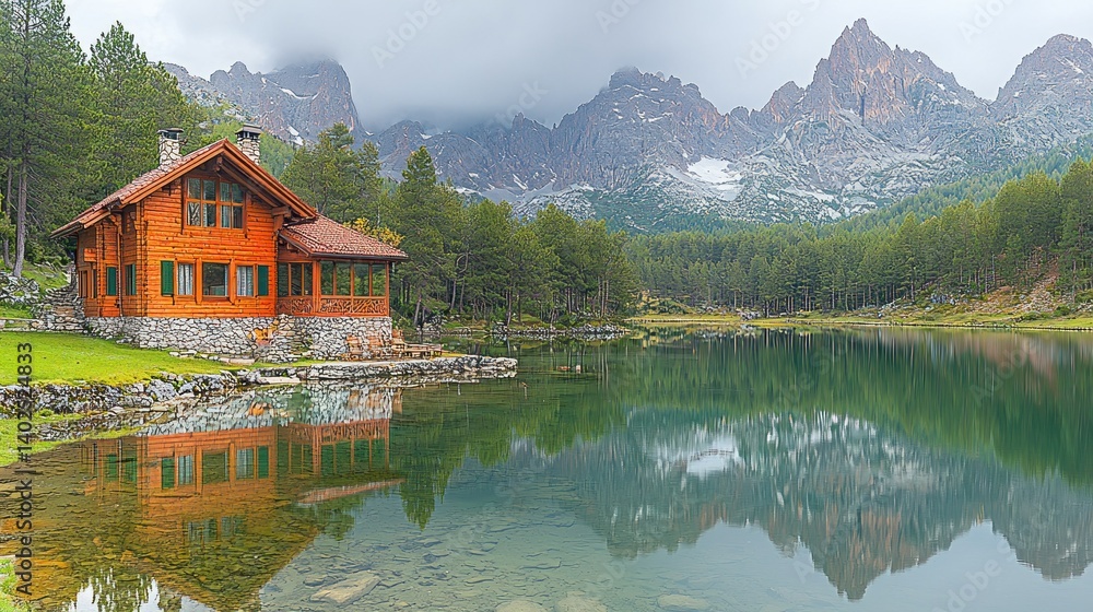 Fototapeta premium Mountain Lake Cabin Reflection: A Serene Escape in the Alps