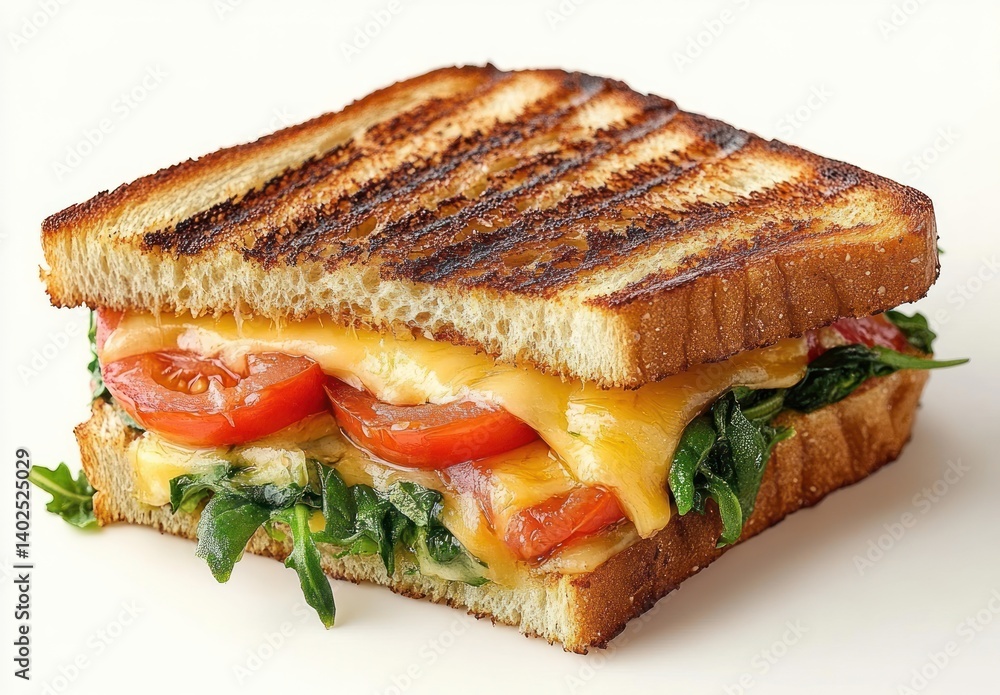 Grilled Cheese Sandwich with Fresh Tomatoes and Spinach on White Background Grilled Cheese Sandwich with Fresh Tomatoes and Spinach on White Background