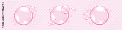 Set of glossy realistic pink pure cosmetics drops, serum gel bubbles vector illustration