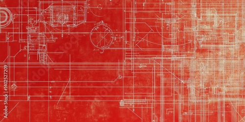 White engineering blueprints and diagrams are overlaid on a red background