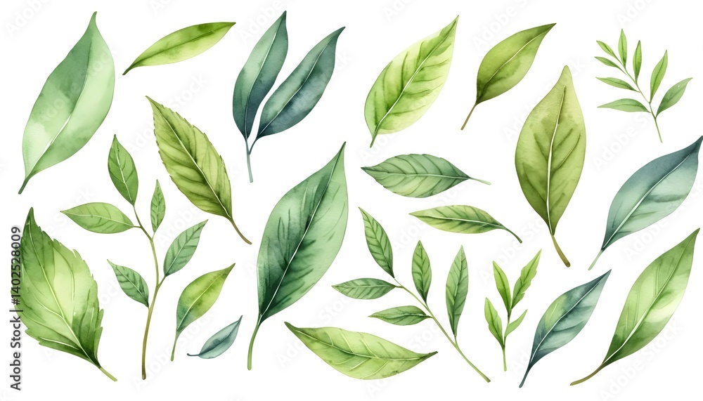 Fototapeta premium Watercolor Green Leaves Collection