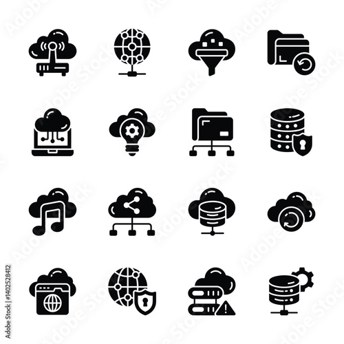 Easy to edit pack of cloud storage and hosting glyph icons