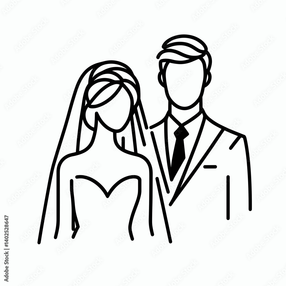 Minimalistic black-and-white line art illustration of a bride with a veil and groom, symbolizing love and celebration. Minimalistic black-and-white line art illustration of a bride with a veil and groom, symbolizing love and celebration.