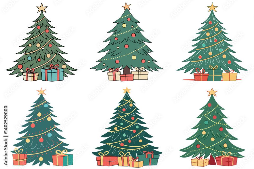 Collection of Christmas Trees with Different Decorations and Gifts in Vector Format Collection of Christmas Trees with Different Decorations and Gifts in Vector Format