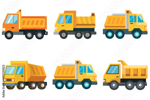 Various cartoon dump trucks in yellow and orange colors on white background