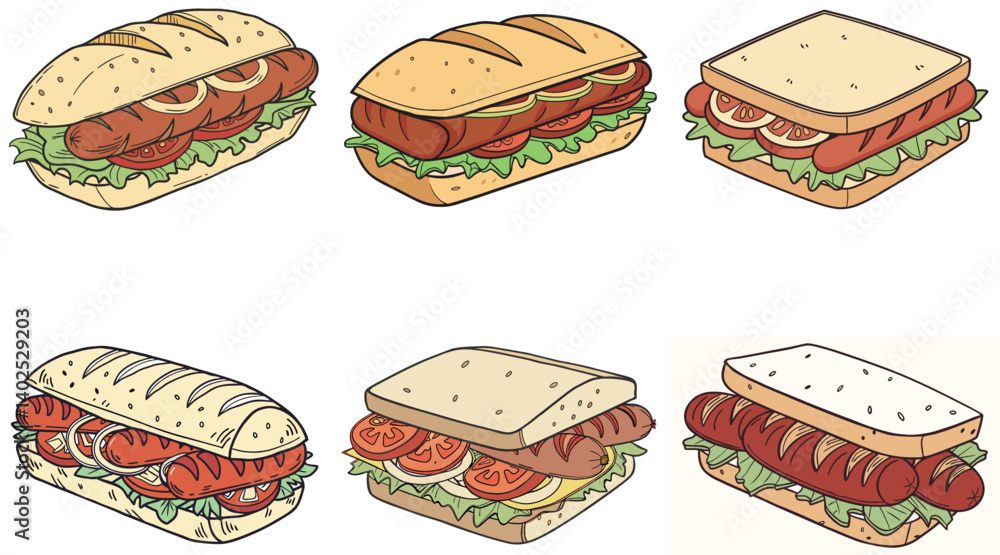 Variety of HandDrawn Sausage Sandwiches with Toppings and Breads Collage Variety of HandDrawn Sausage Sandwiches with Toppings and Breads Collage