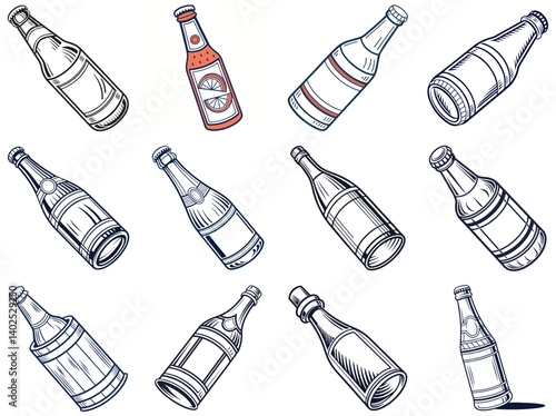 Seamless Pattern of Vector Hand Drawn Vintage Bottles of Various Shapes