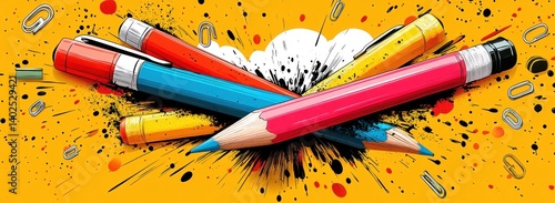 Back to School Supplies Sale Banner with Pencils Pens Paperclips Crayons and Paper in Vibrant Pop Art Style