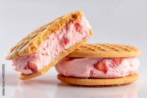 Two golden wafer cookies sandwich creamy strawberry ice cream, one partially bitten, showcasing vibrant pink hues and chunks of fruit