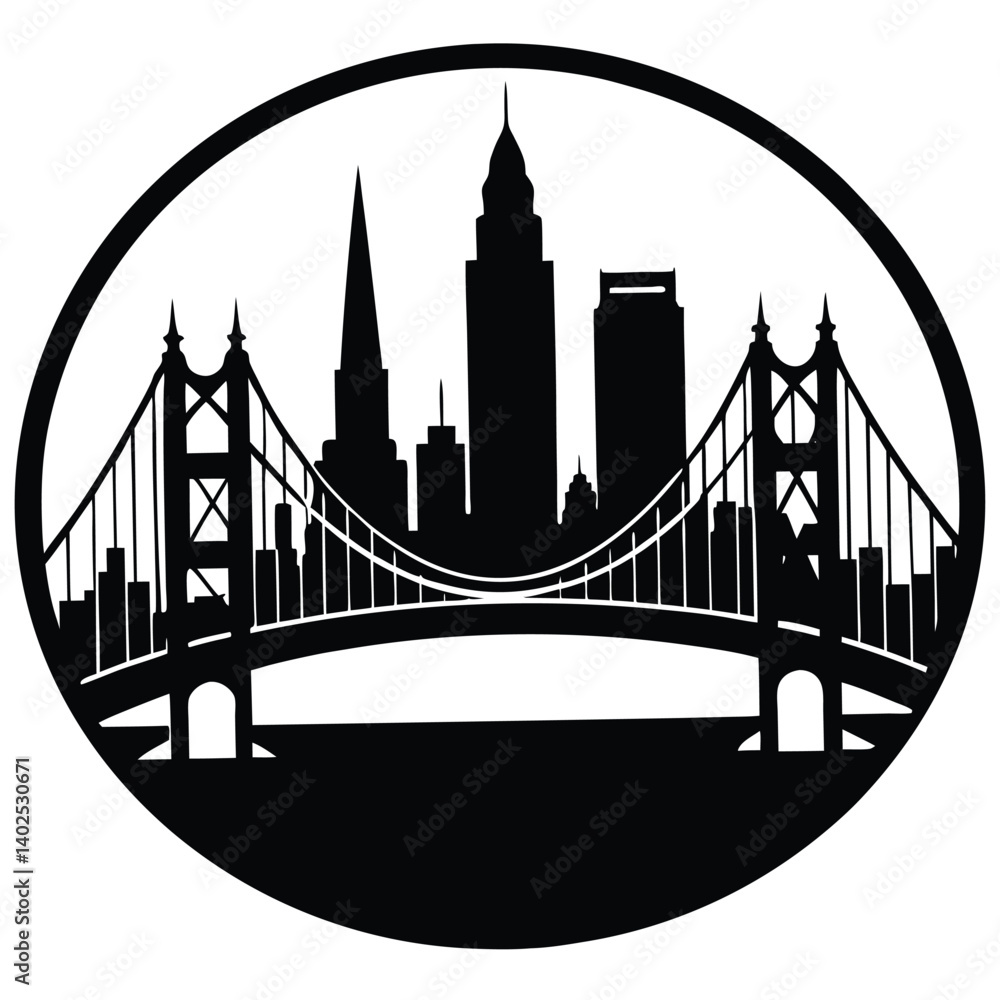 Obraz premium Cleveland Ohio Skyline Silhouette Vector: Black and White Cityscape with Bridge, Circle Design, Landmark Illustration, Travel Art