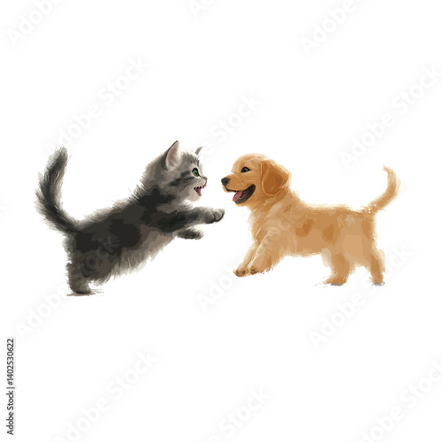 Playful Kitten and Puppy – Cute Watercolor Style Pet Illustration