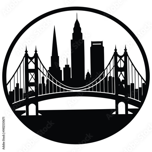Cleveland Ohio Skyline Silhouette Vector: Black and White Cityscape with Bridge, Circle Design, Landmark Illustration, Travel Art
