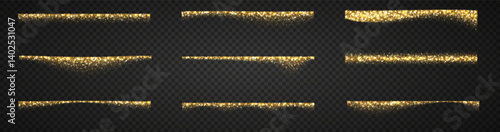 Golden dust border with particles. Glittering design for Christmas, weddings, and celebration invites. Bright gold glitter vector elements