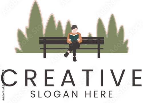 Person Reading Book on Park Bench Green Nature man art calm flat logo icon study