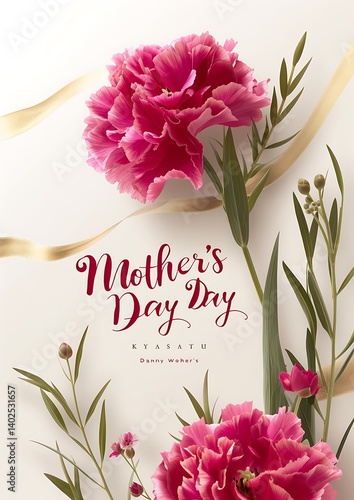 Layered Crimson Carnations Mother's Day Card with Gold Foil Embossed Details, Minimalist Ivory Linen Texture and Artistic Typography in Soft Directional Lighting for Modern Celebration Branding
