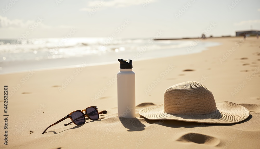 mockup of water bottle on beach sand, straw hat, sunglasses and relax atmosphea mockup of water bottle on beach sand, straw hat, sunglasses and relax atmosphea
