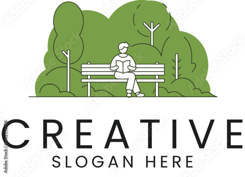 Relaxing Man Reading Book on Park Bench Green Nature art calm line flat icon    