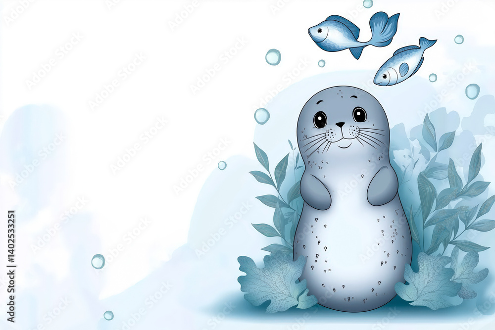 Obraz premium A charming cartoon illustration of a grey seal with big eyes surrounded by fish and underwater plants